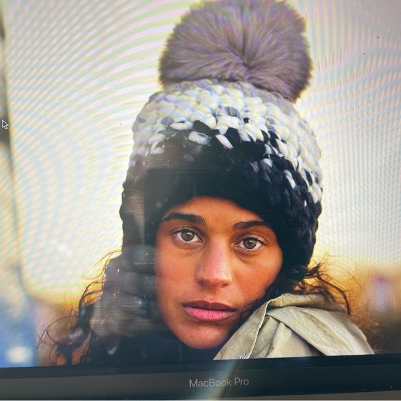 Mischa Lampert Brown and navy Striped Beanie with jumbo rabbit Pom Pom - Picture 1 of 6